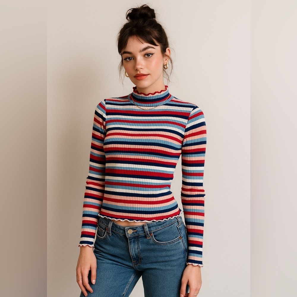 Lollo Vita Ribbed Striped Scallop Edge Knit Top | Size M (Fits S–M)